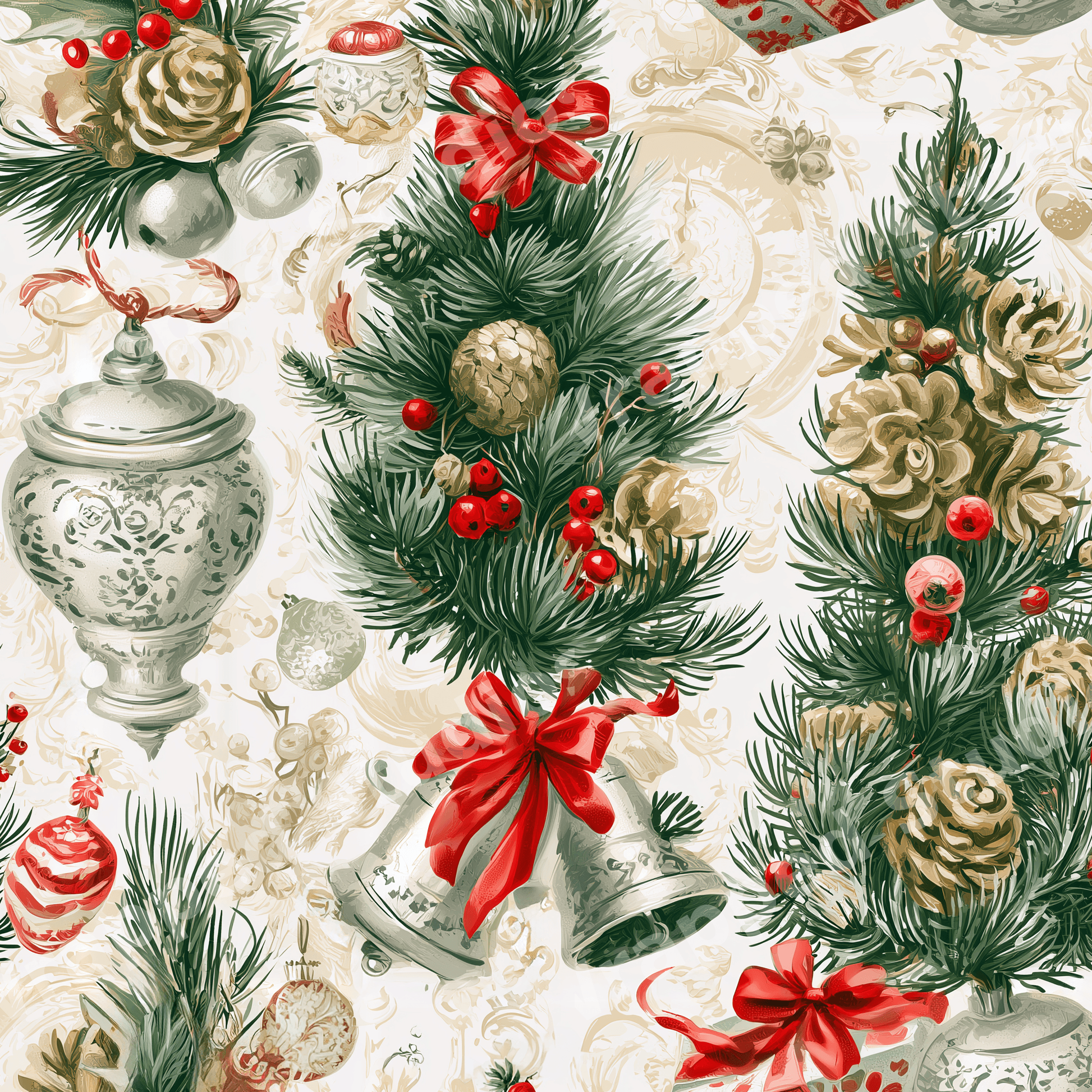 Vintage Christmas pattern with pine branches, red bows, and silver bells on a cream damask background.