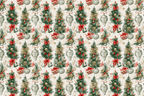 Vintage Christmas pattern featuring botanical pine trees, red berries, and classic ornaments on cream.