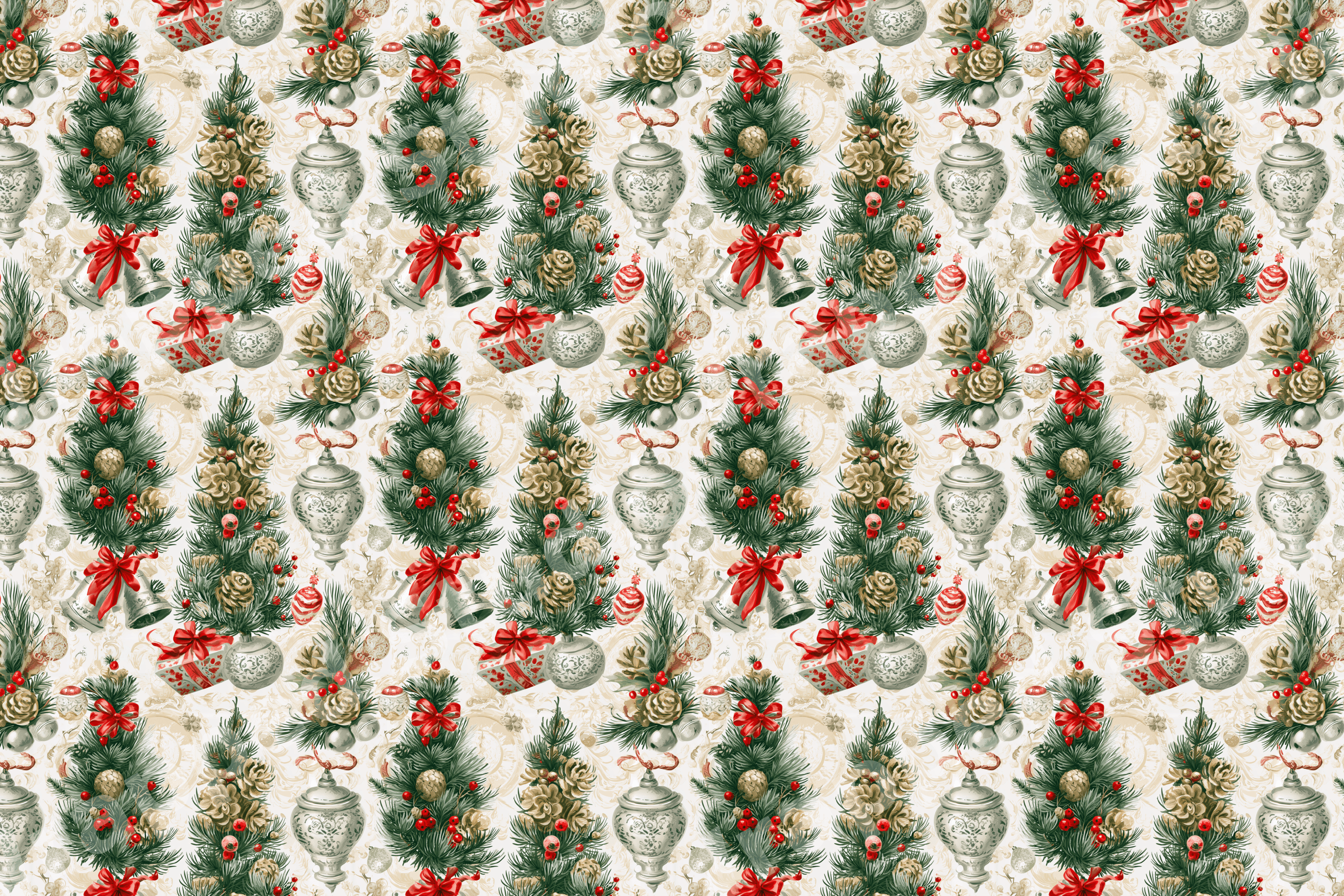 Vintage Christmas pattern featuring botanical pine trees, red berries, and classic ornaments on cream.