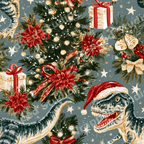 Vintage Christmas dinosaur pattern featuring T-Rex in Santa hats, Christmas trees, and poinsettias.