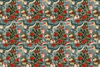 Vintage Christmas dinosaur pattern with T-Rex wearing Santa hats, holiday trees, and stars on a dusty blue background.