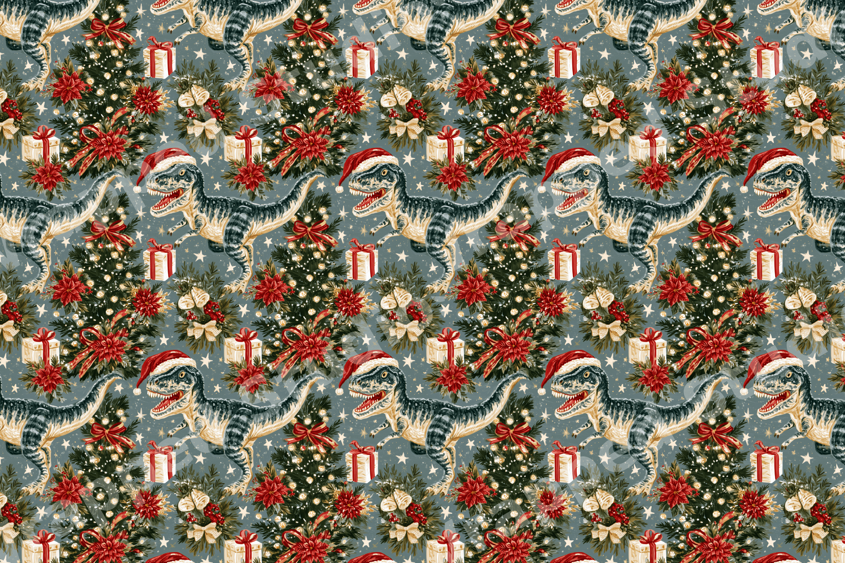 Vintage Christmas dinosaur pattern with T-Rex wearing Santa hats, holiday trees, and stars on a dusty blue background.