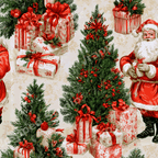 Vintage Christmas pattern featuring nostalgic Santa Claus and green pine trees on a textured beige background.