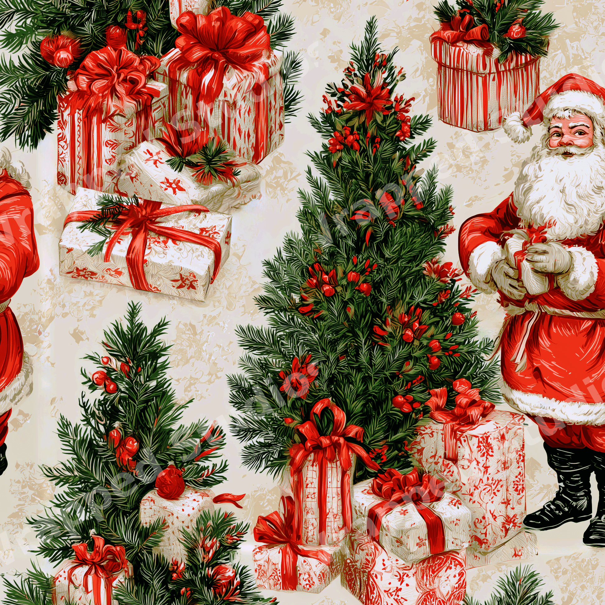 Vintage Christmas pattern featuring nostalgic Santa Claus and green pine trees on a textured beige background.