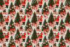 Vintage Christmas pattern with retro Santa Claus, decorated pine trees, and red gifts on cream.