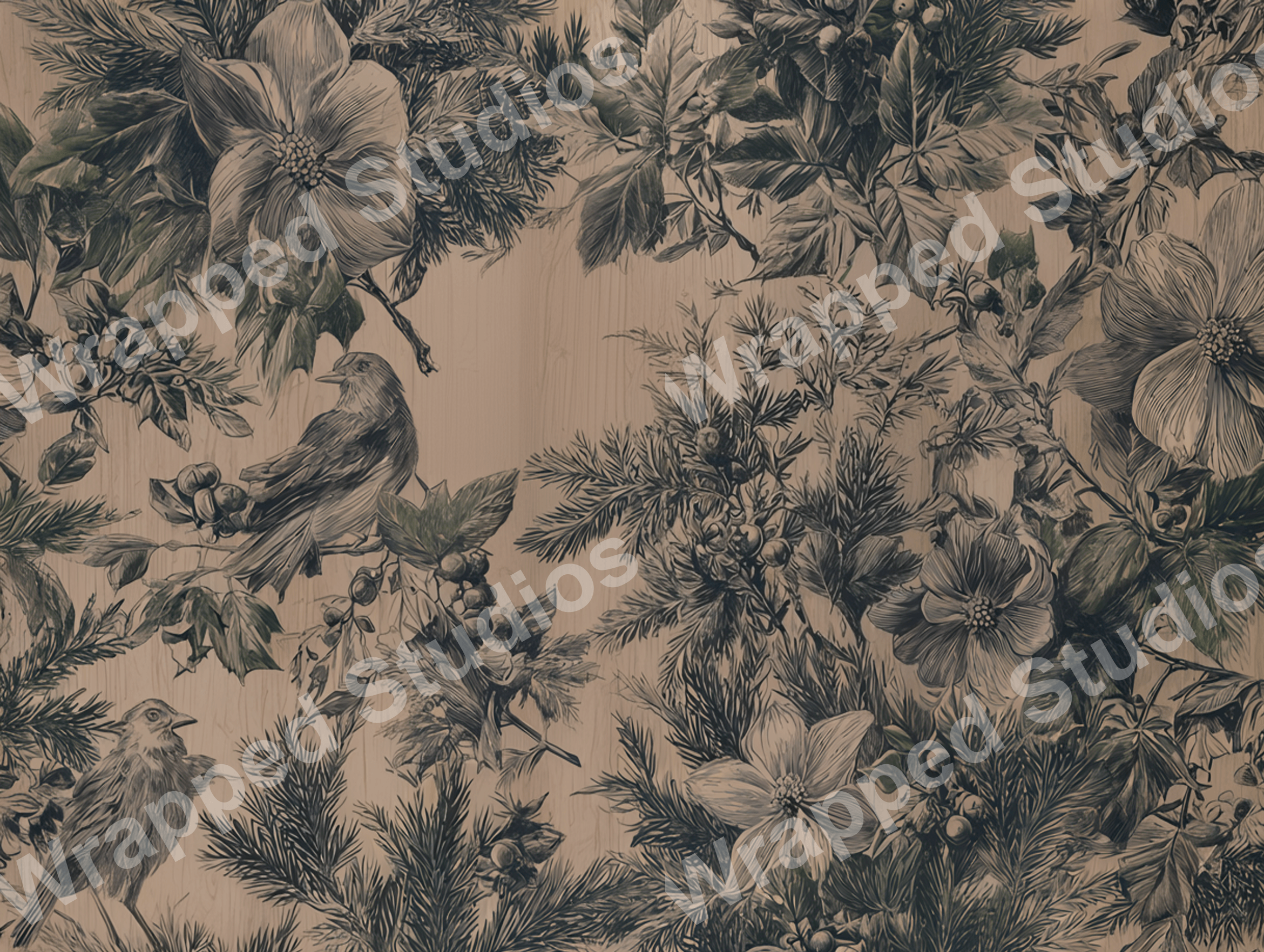 Elegant floral pattern with birds and botanical details in muted green and brown tones.