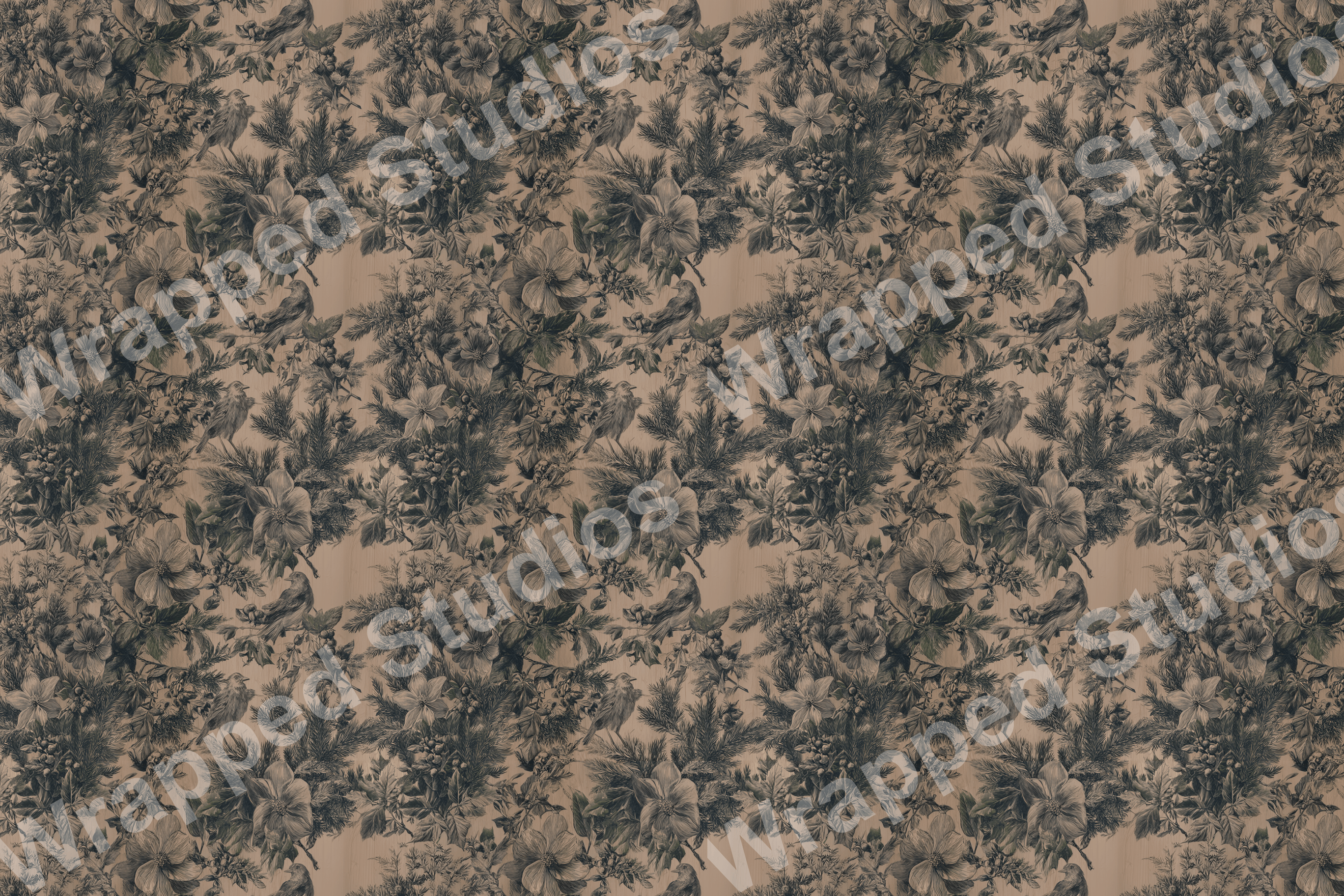 Detailed vintage botanical pattern featuring flowers, leaves, berries, and birds in shades of brown.