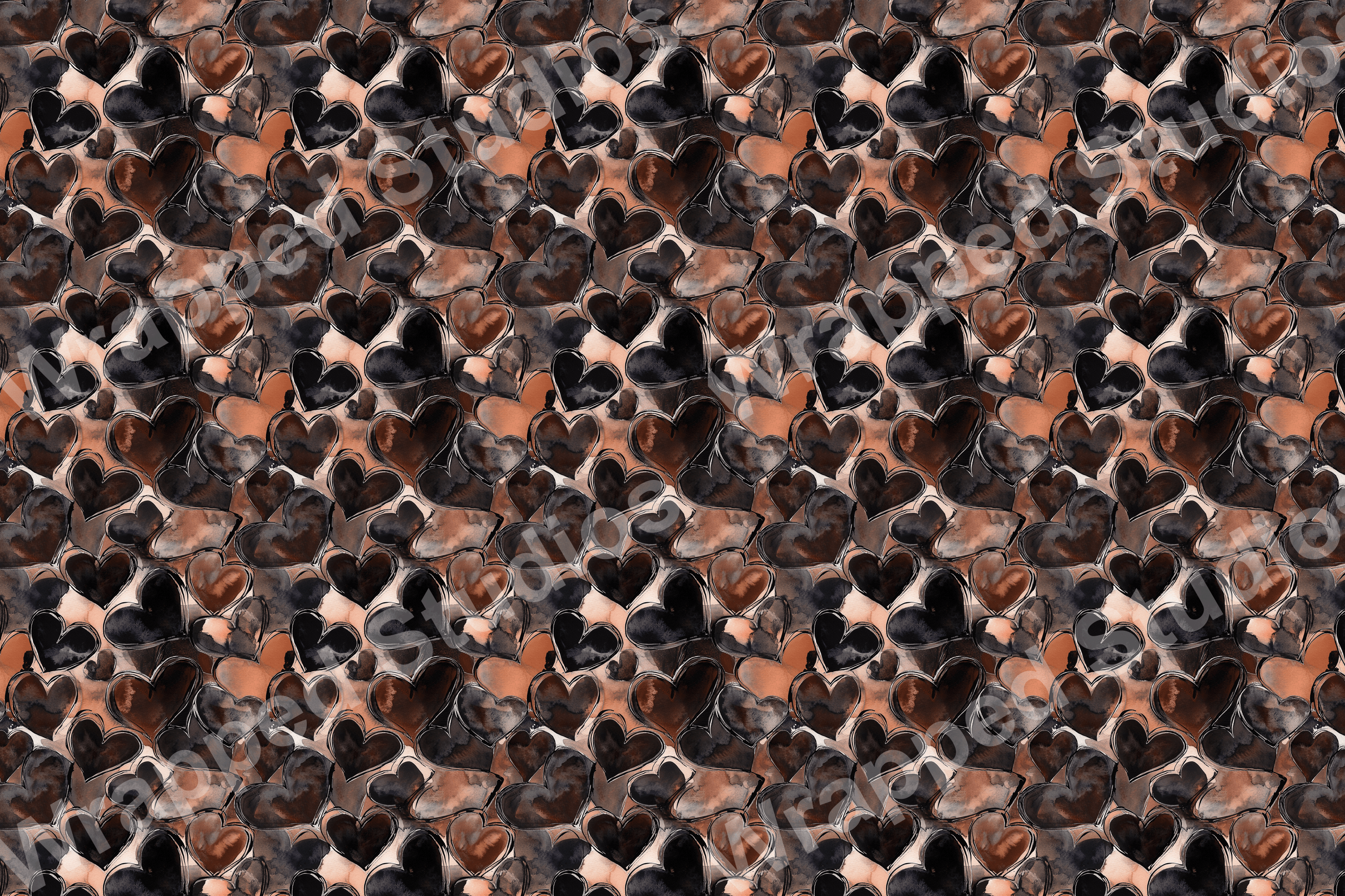 Watercolor heart pattern design in brown, black, and peach tones.