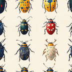 Playful insect pattern with colorful beetles on a cream background.