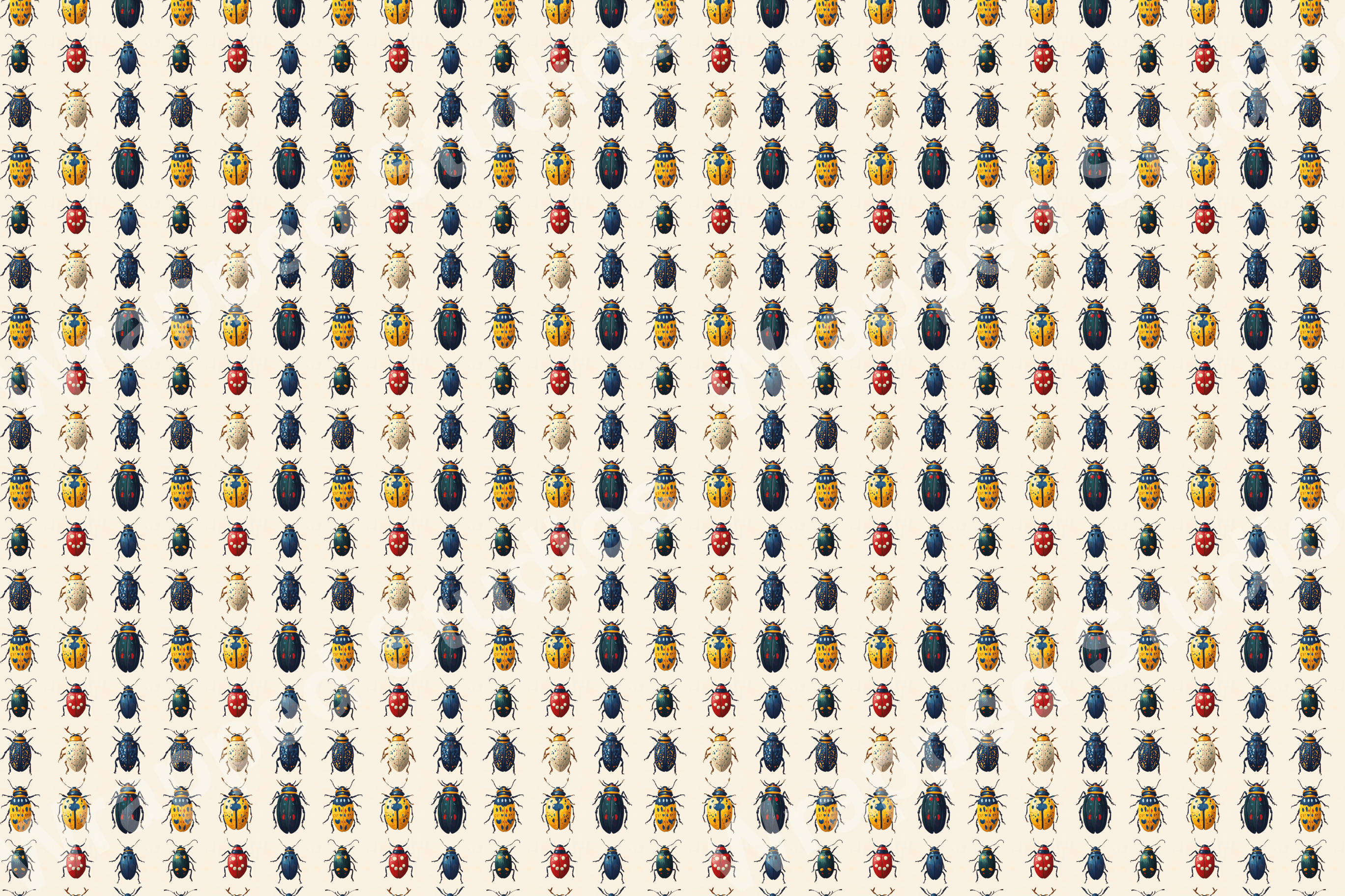Seamless insect pattern with blue, red, yellow, and ivory beetles on a cream background.