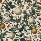 Vintage botanical Christmas pattern with festive ornaments, deep green foliage, and red berries on a cream background.