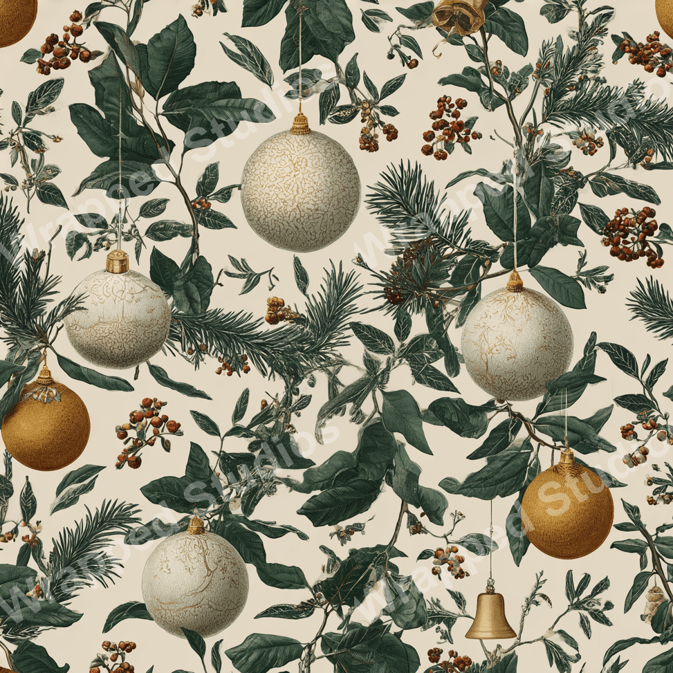 Vintage botanical Christmas pattern with festive ornaments, deep green foliage, and red berries on a cream background.
