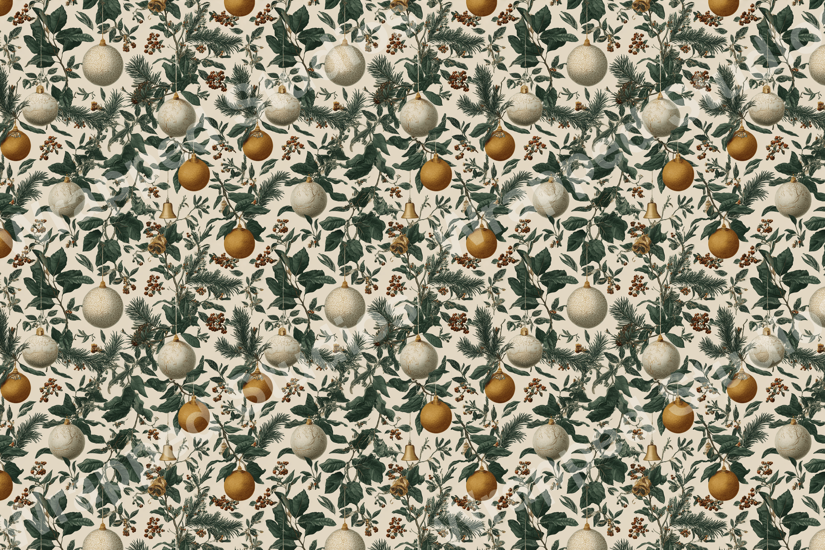 Vintage botanical holiday pattern with cream and gold Christmas ornaments, green leaves, and red berries.