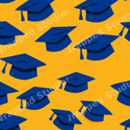 Seamless graduation cap pattern with blue mortarboard hats on a bright yellow background.