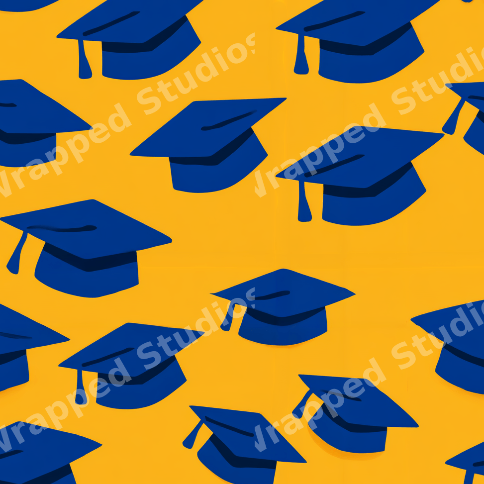 Seamless graduation cap pattern with blue mortarboard hats on a bright yellow background.
