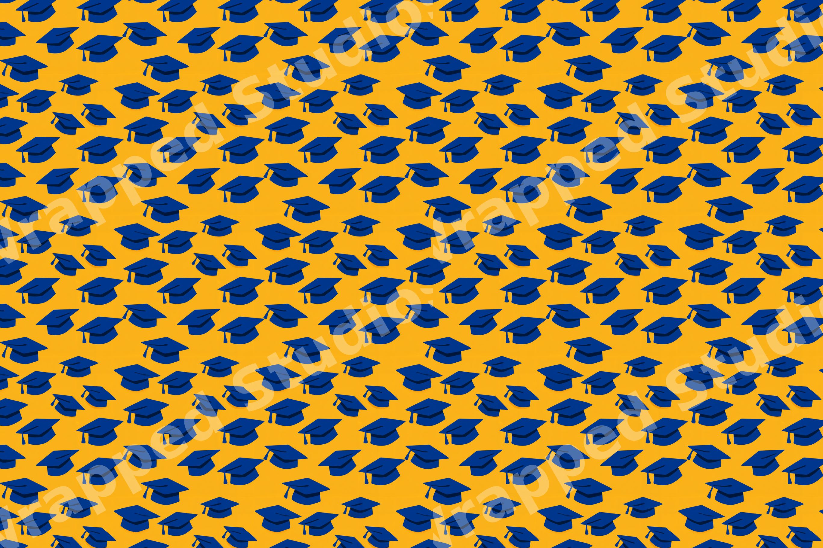 Seamless graduation pattern with blue mortarboard caps on a bright yellow background.