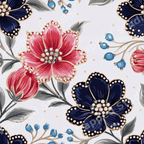 Elegant vintage botanical pattern with navy blue and pink flowers, gold beaded details, and grey leaves.