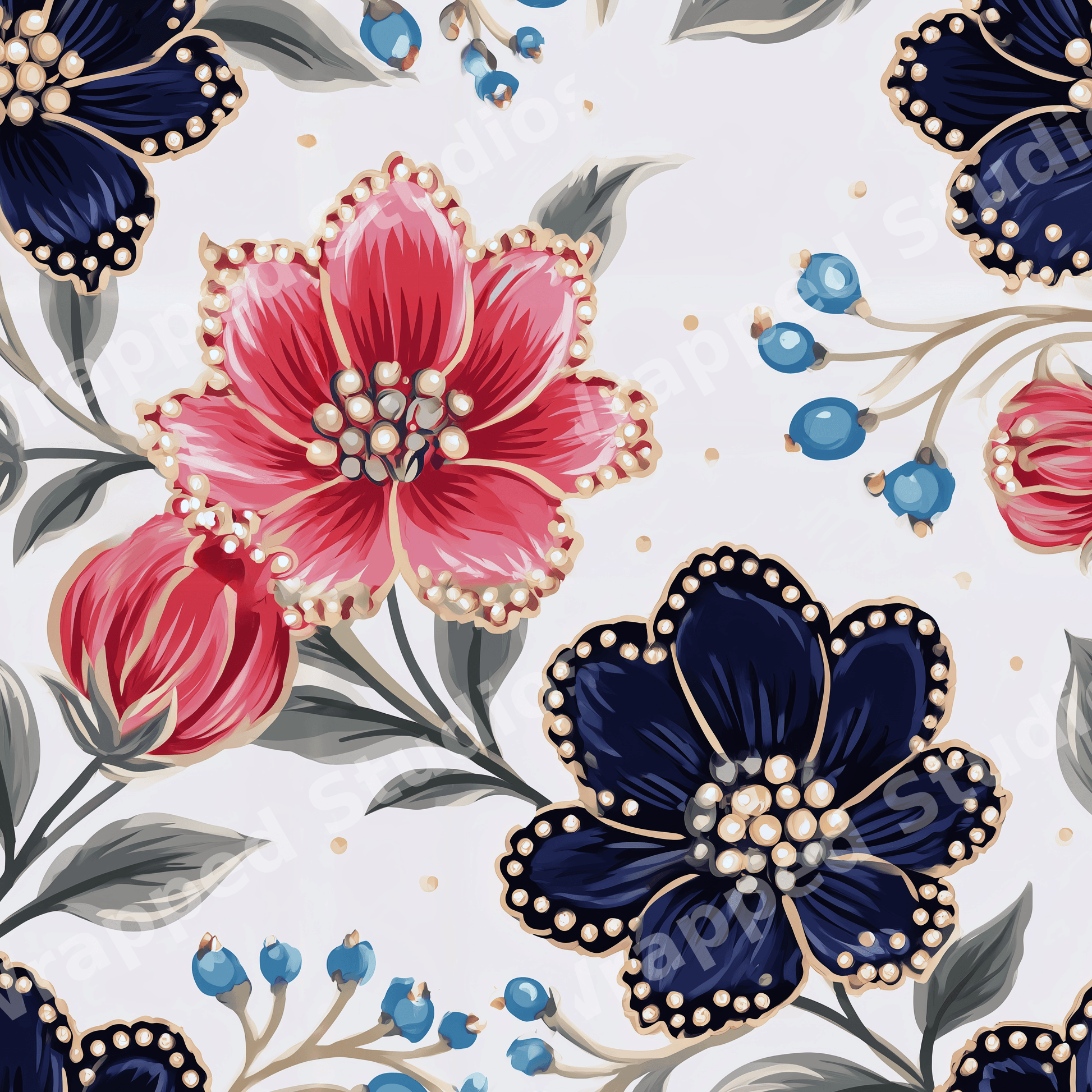 Elegant vintage botanical pattern with navy blue and pink flowers, gold beaded details, and grey leaves.