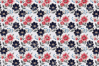Elegant vintage floral pattern with navy blue and red flowers, grey leaves, and gold accents.