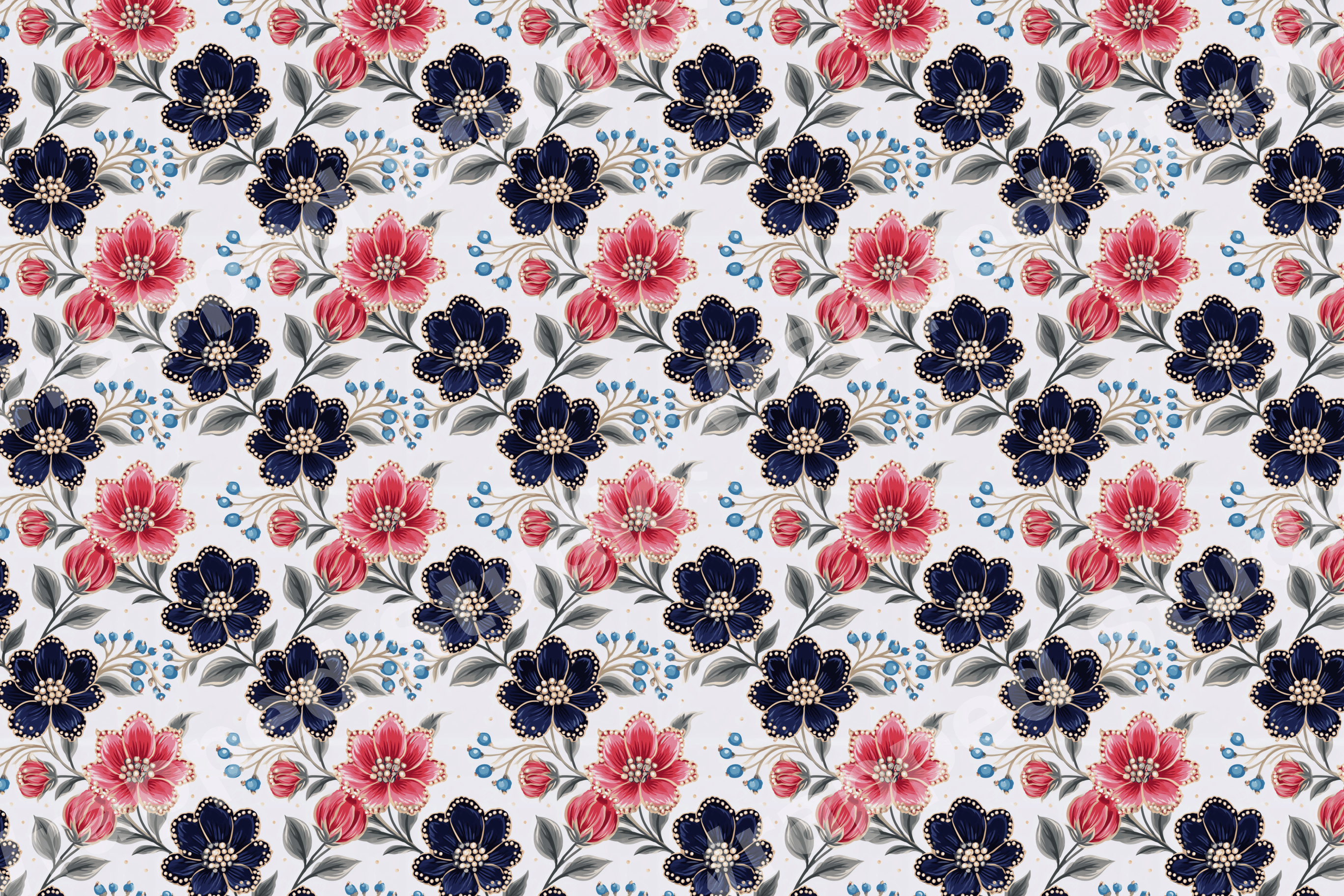 Elegant vintage floral pattern with navy blue and red flowers, grey leaves, and gold accents.