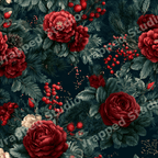 Moody vintage botanical pattern with deep red roses, winter berries, and pine greenery on a dark background.
