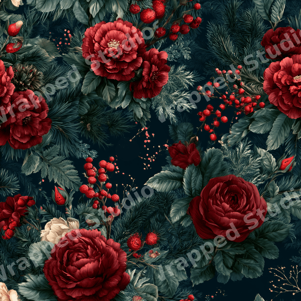 Moody vintage botanical pattern with deep red roses, winter berries, and pine greenery on a dark background.
