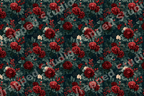 Vintage botanical floral pattern featuring red roses, winter berries, and pine needles on dark green.
