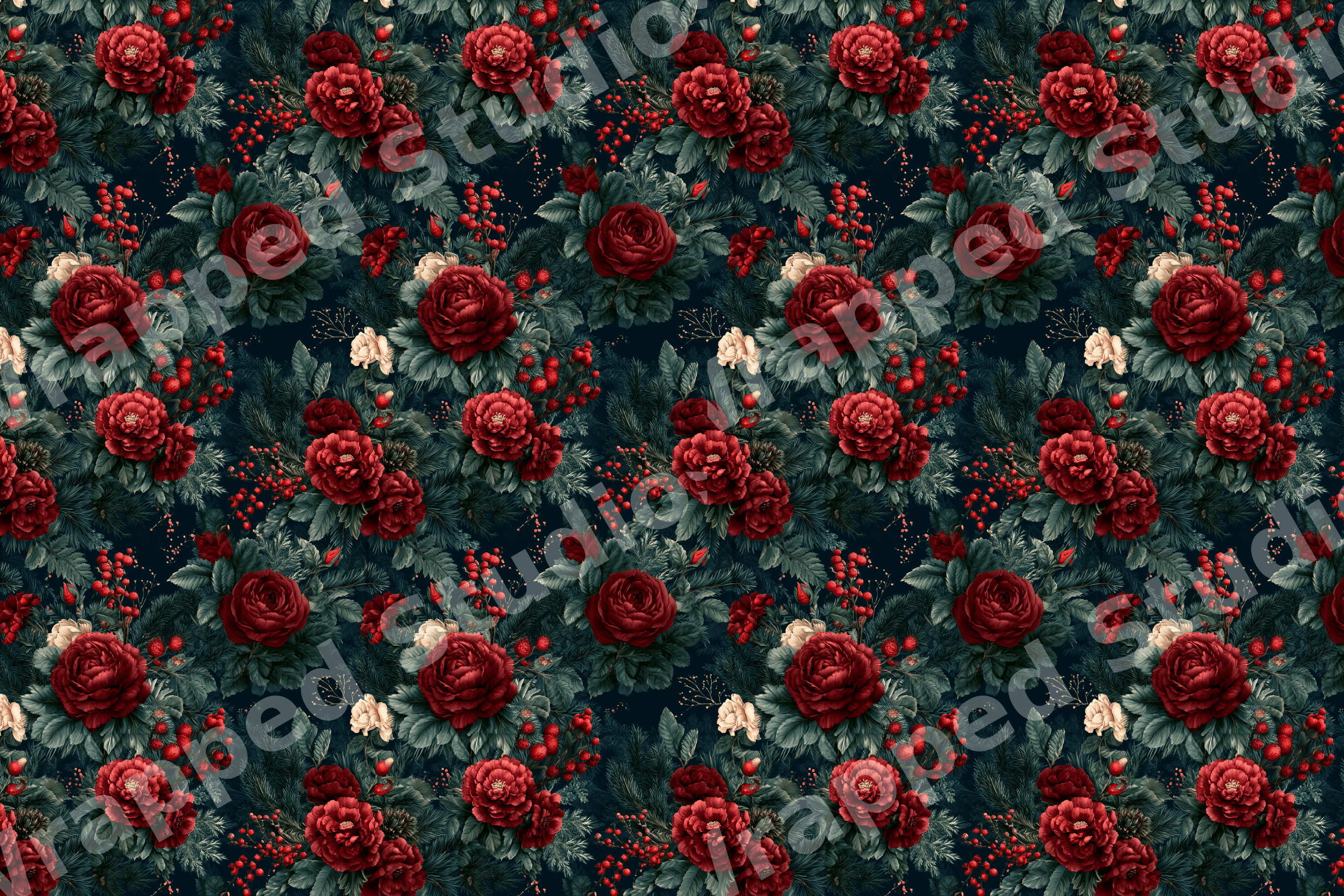 Vintage botanical floral pattern featuring red roses, winter berries, and pine needles on dark green.