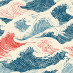 Vintage Japanese ocean wave pattern with stylized blue and red crests on a cream background.