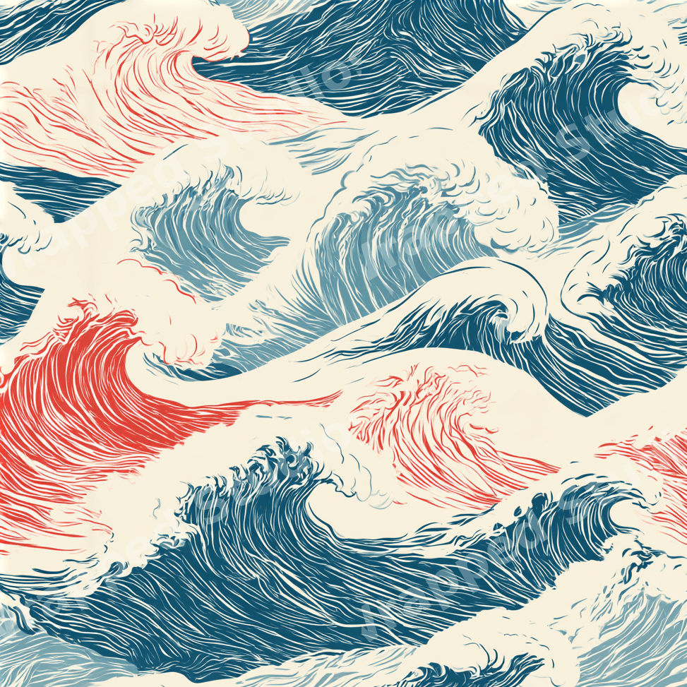 Vintage Japanese ocean wave pattern with stylized blue and red crests on a cream background.
