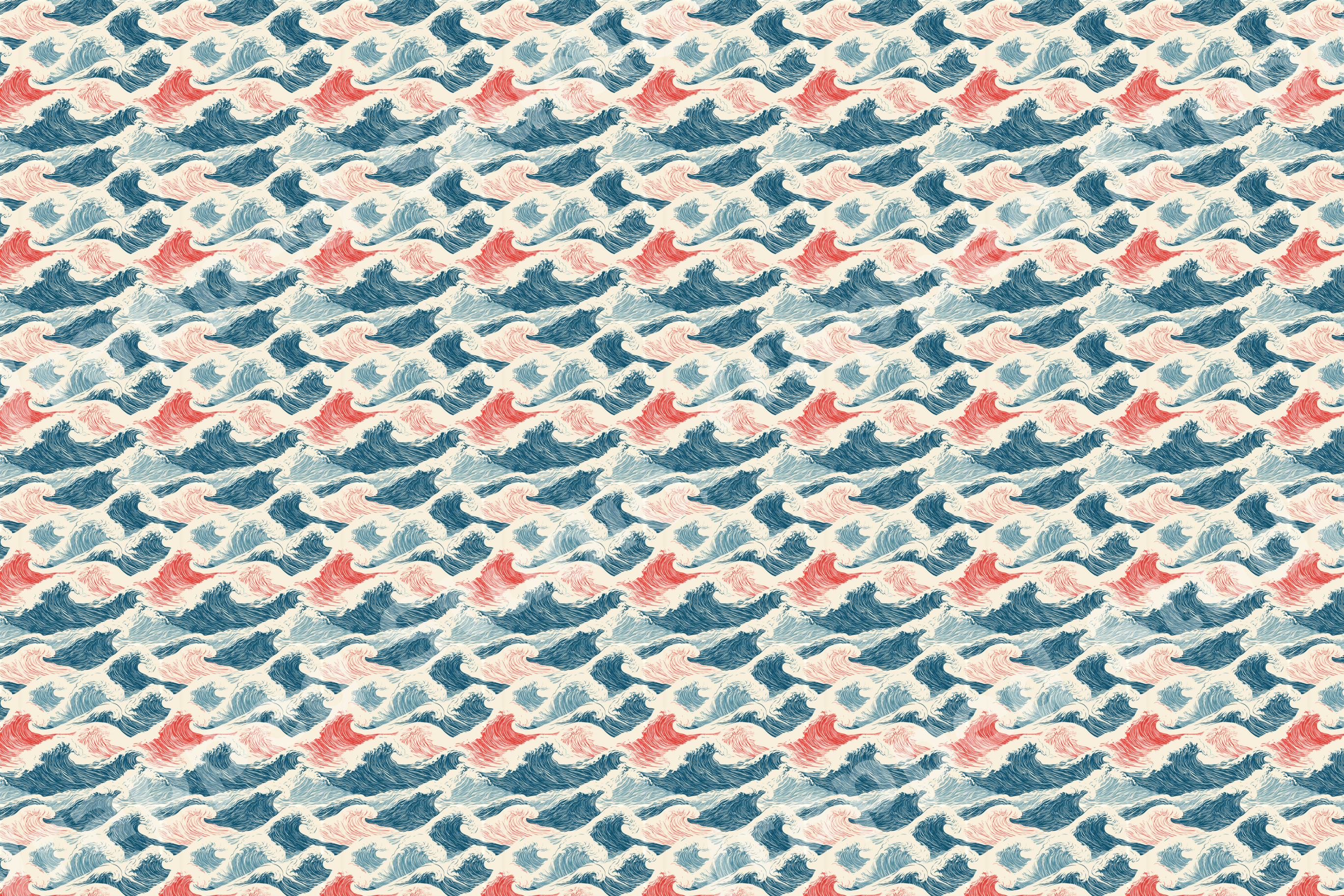 Vintage Japanese wave pattern with blue, cream, and coral red ocean waves in a traditional ukiyo-e style.