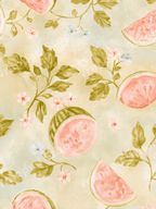 Vintage botanical watercolor pattern featuring pink watermelon slices and delicate flowers on light sage green.
