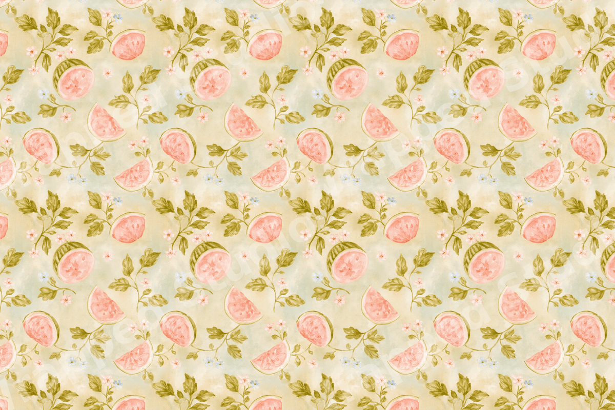 Vintage watercolor watermelon pattern with botanical leaves and delicate pink flowers on a cream background.