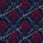 Elegant damask pattern with ornate floral motifs in shades of blue and deep magenta.