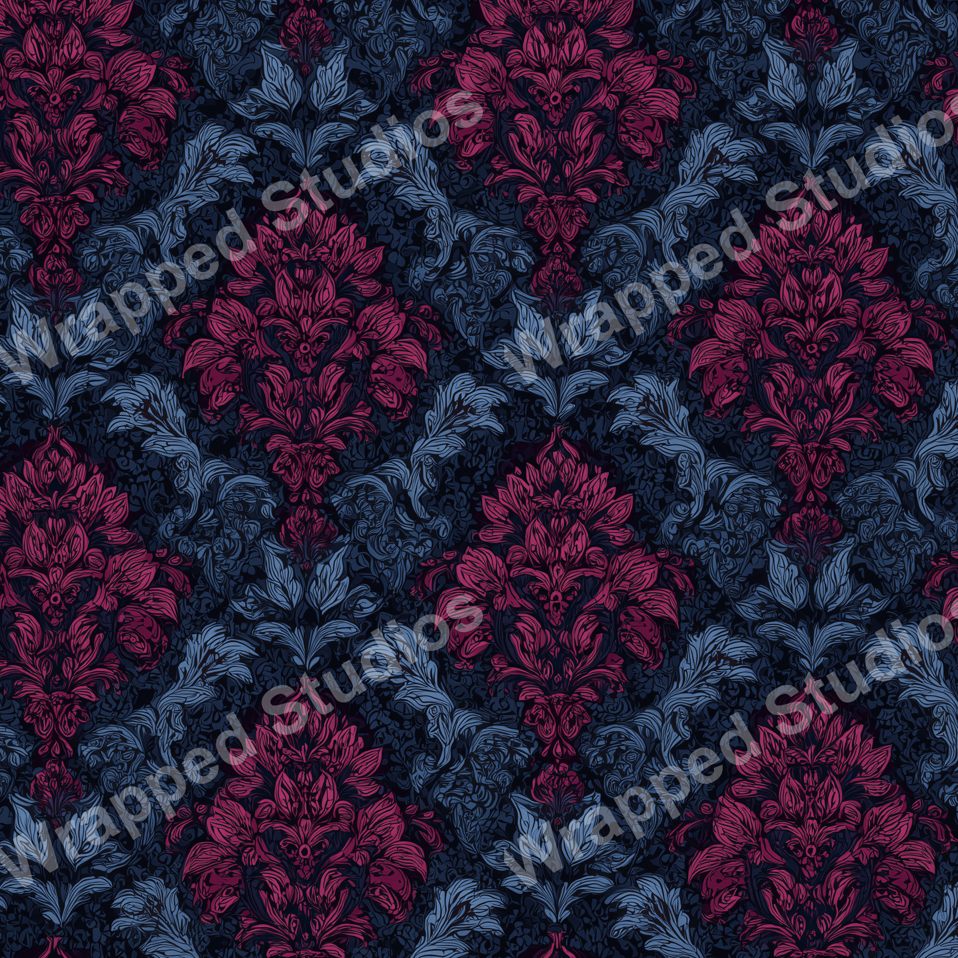 Elegant damask pattern with ornate floral motifs in shades of blue and deep magenta.