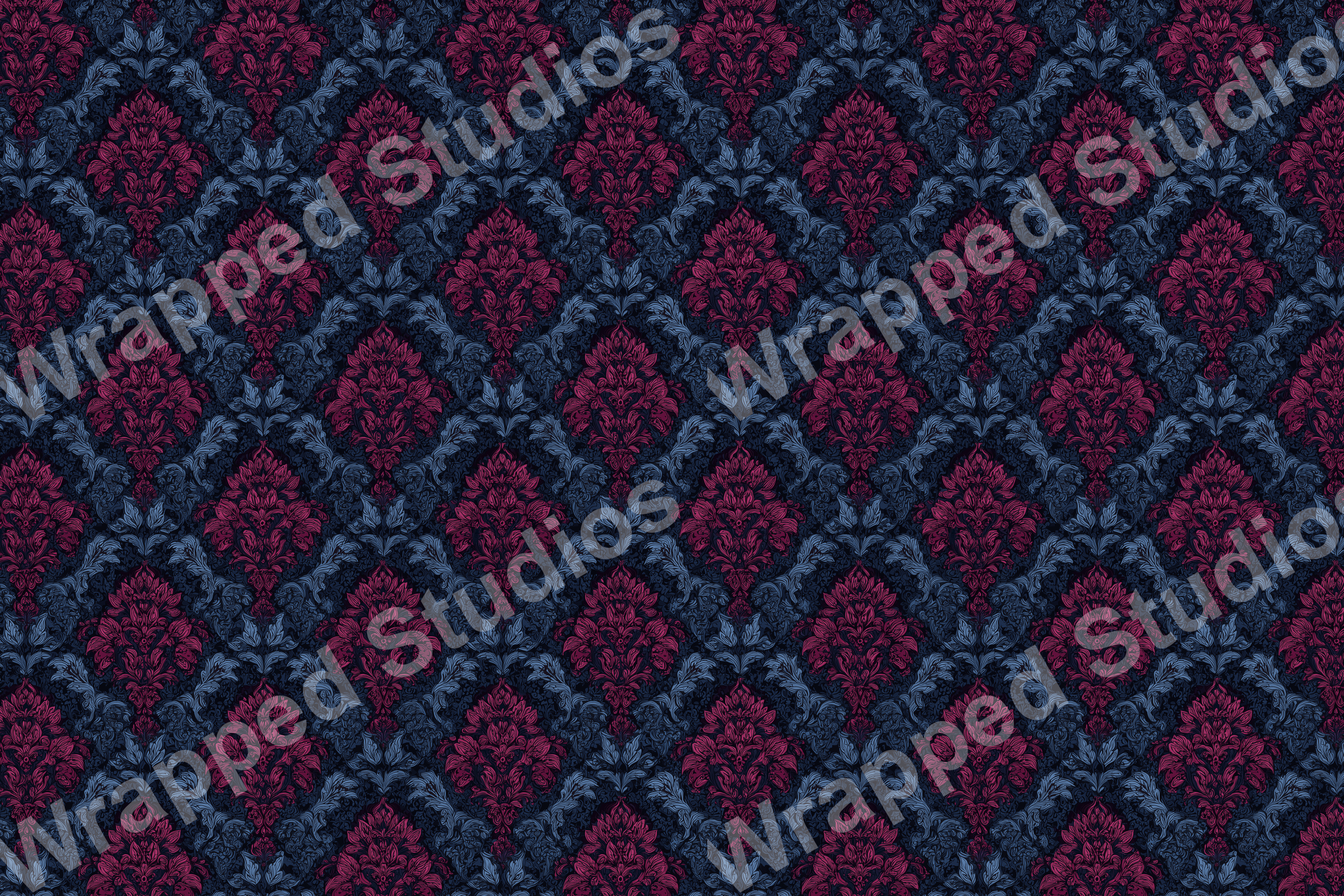 Elegant damask pattern design with floral motifs in deep red and blue.