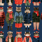 Whimsical winter cat pattern featuring cute watercolor cats dressed in cozy coats and scarves on navy blue.