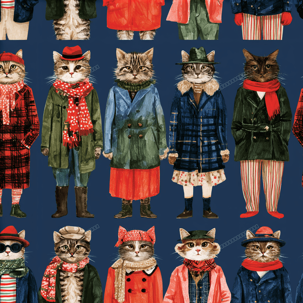 Whimsical winter cat pattern featuring cute watercolor cats dressed in cozy coats and scarves on navy blue.