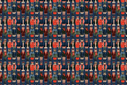 Quirky vintage cat pattern with illustrated cats dressed in winter coats and scarves on navy blue.