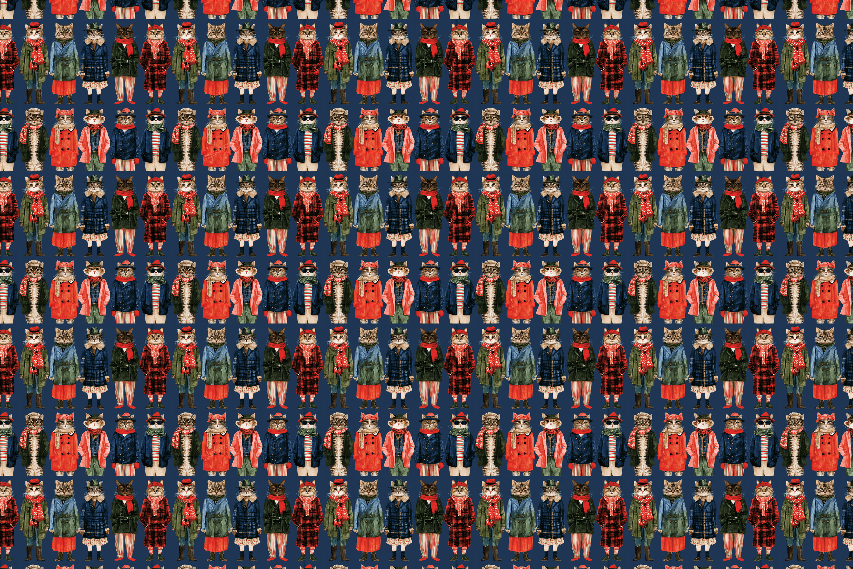 Quirky vintage cat pattern with illustrated cats dressed in winter coats and scarves on navy blue.