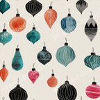 A playful watercolor Christmas ornament pattern in shades of teal, blue, red, pink, and black with a modern whimsical style.