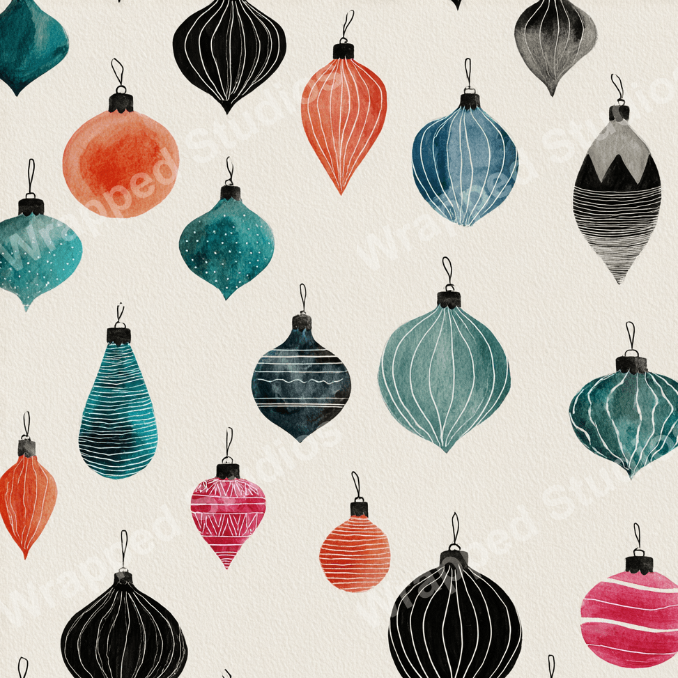A playful watercolor Christmas ornament pattern in shades of teal, blue, red, pink, and black with a modern whimsical style.