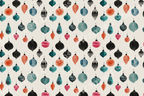 A festive Christmas ornament pattern in watercolor style featuring black, teal, orange, pink, and grey bulbs.