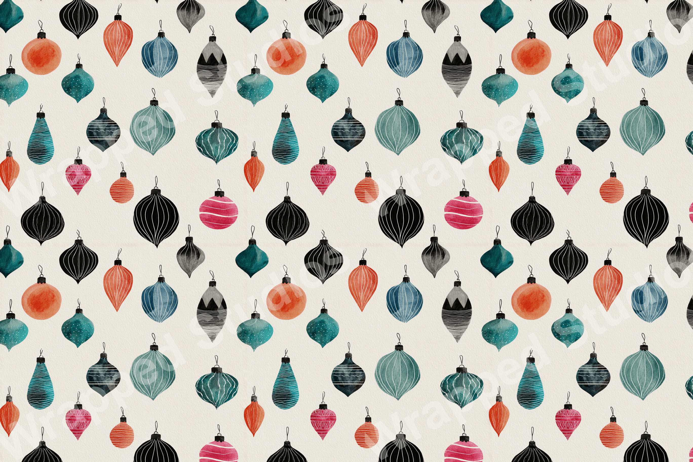 A festive Christmas ornament pattern in watercolor style featuring black, teal, orange, pink, and grey bulbs.