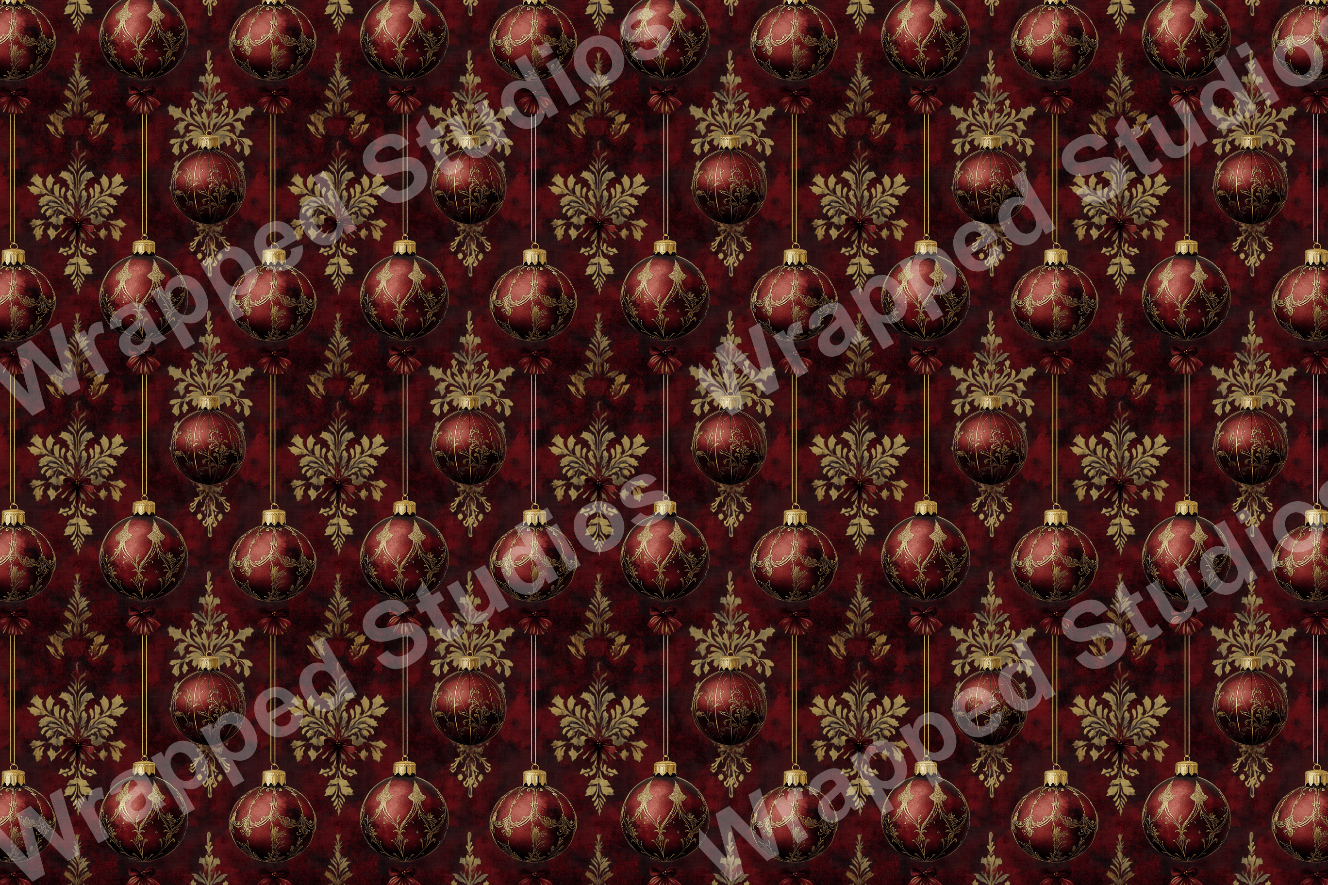 Elegant Christmas ornament pattern in red and gold with damask accents.