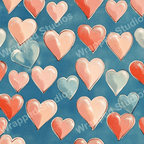 Romantic heart pattern design in shades of pink, red, and blue on a rich blue background.