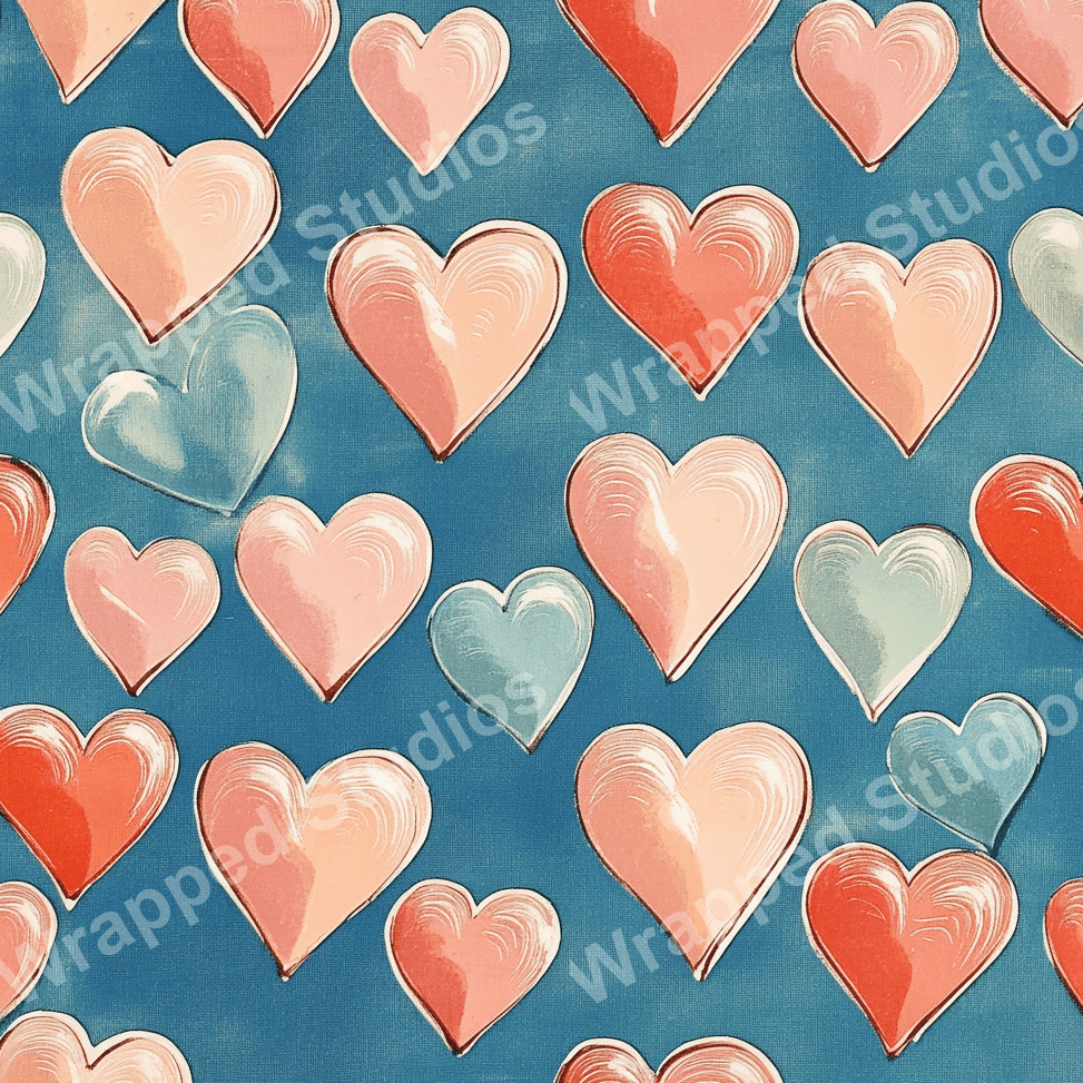 Romantic heart pattern design in shades of pink, red, and blue on a rich blue background.