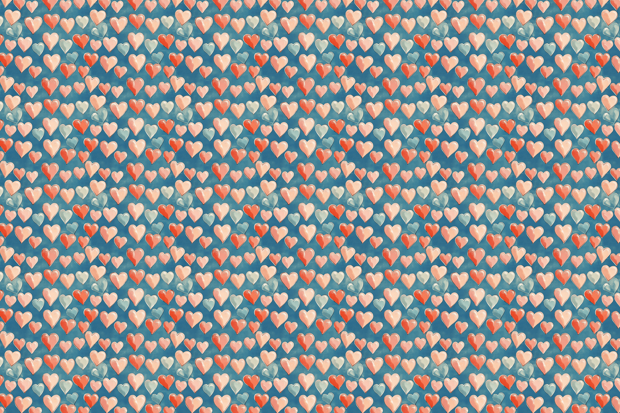 Pattern of small hearts in red, pink, and orange on a blue background. Wrapped Studios wrapping paper