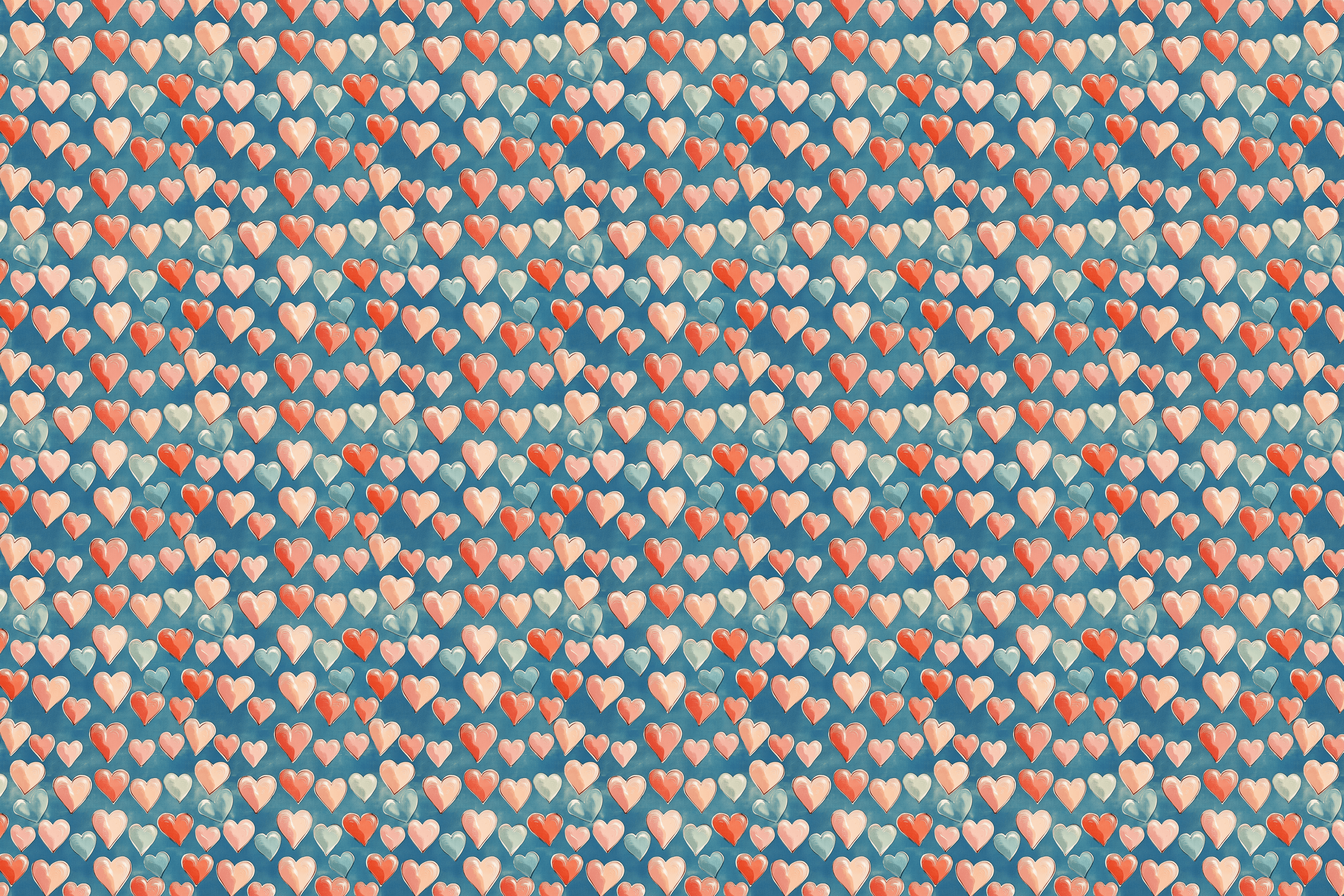 Pattern of small hearts in red, pink, and orange on a blue background. Wrapped Studios wrapping paper