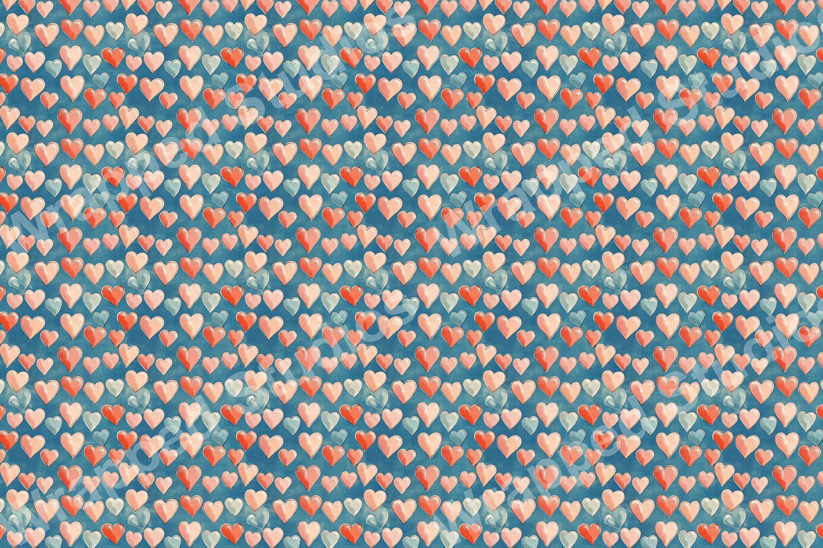 Sweet heart pattern in shades of red, pink, and blue creates a lovely and romantic surface design.